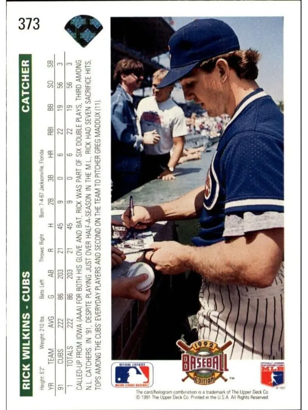Rick Wilkins 1992 Upper Deck MLB #373 Baseball Card Chicago Cubs